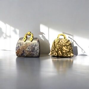 Mini Stone Handbag Pendants – Lapis Lazuli & Black-Pink Stone – Gold-Tone Handle